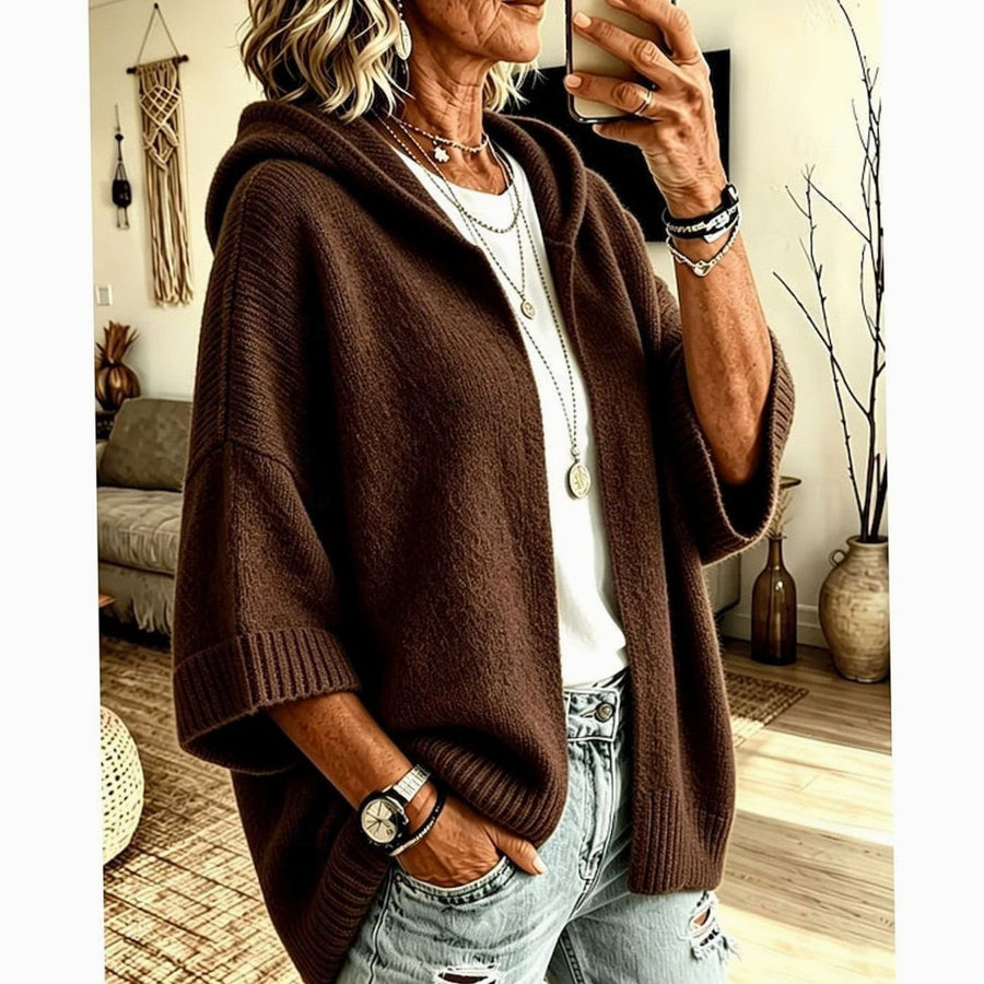 Women's Hooded Open-Front Cardigan Relaxed Fit Knit Layering Casual