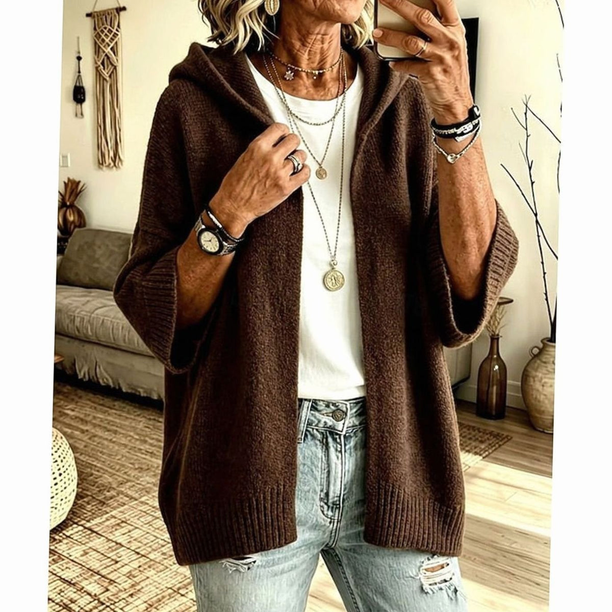 Women's Hooded Open-Front Cardigan Relaxed Fit Knit Layering Casual