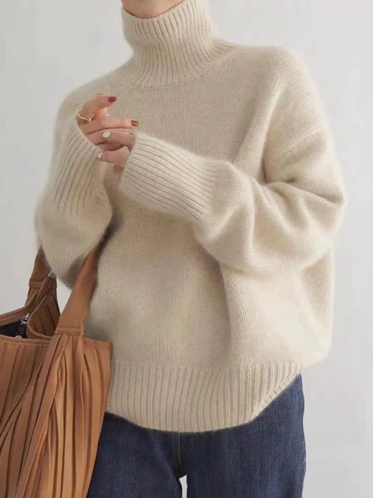 Women's Stylish Turtleneck Knit Sweater Fitted Long Sleeve Cozy Casual