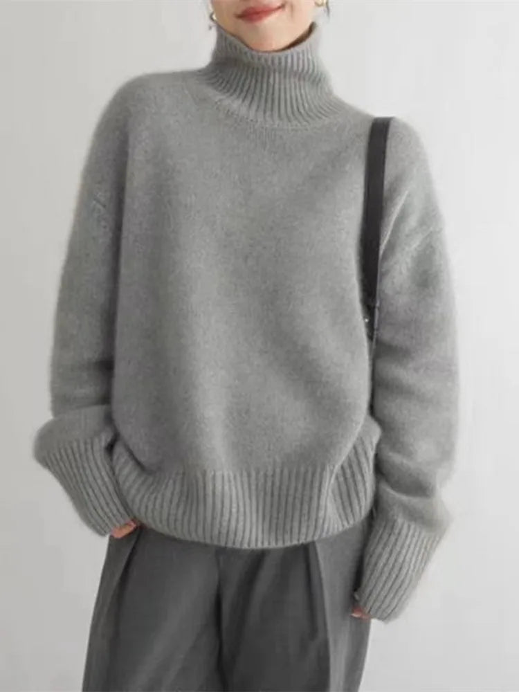 Women's Stylish Turtleneck Knit Sweater Fitted Long Sleeve Cozy Casual