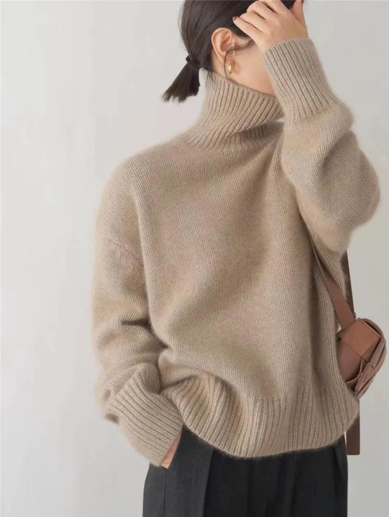 Women's Stylish Turtleneck Knit Sweater Fitted Long Sleeve Cozy Casual