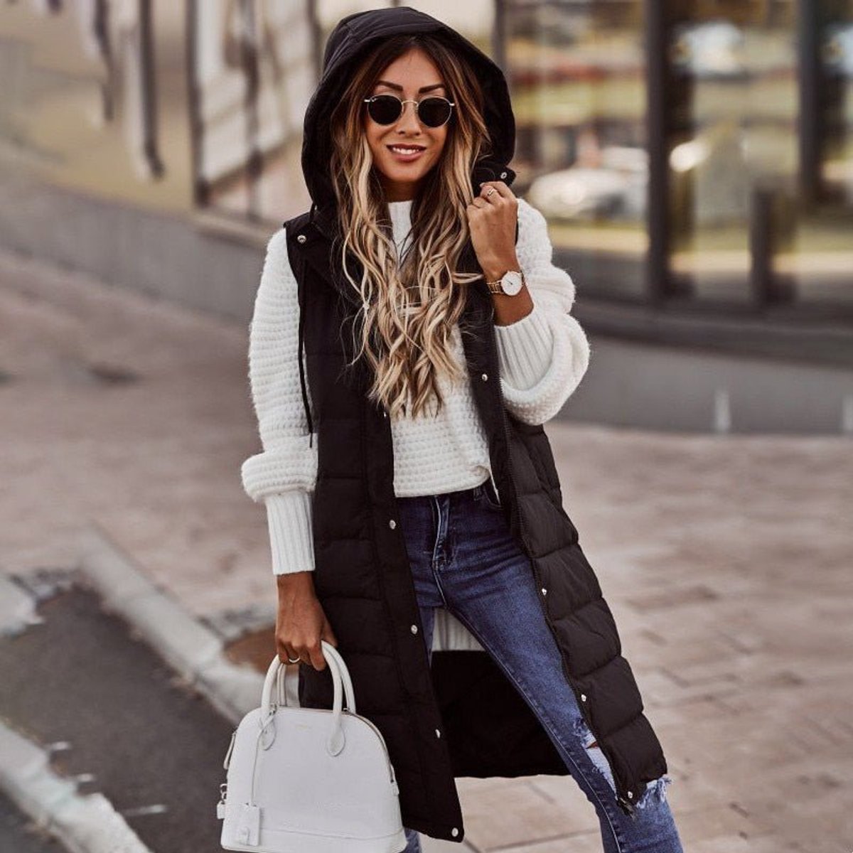 Women's Long Quilted Puffer Vest Hooded Sleeveless Winter Layering