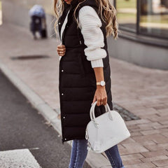 Women's Long Quilted Puffer Vest Hooded Sleeveless Winter Layering