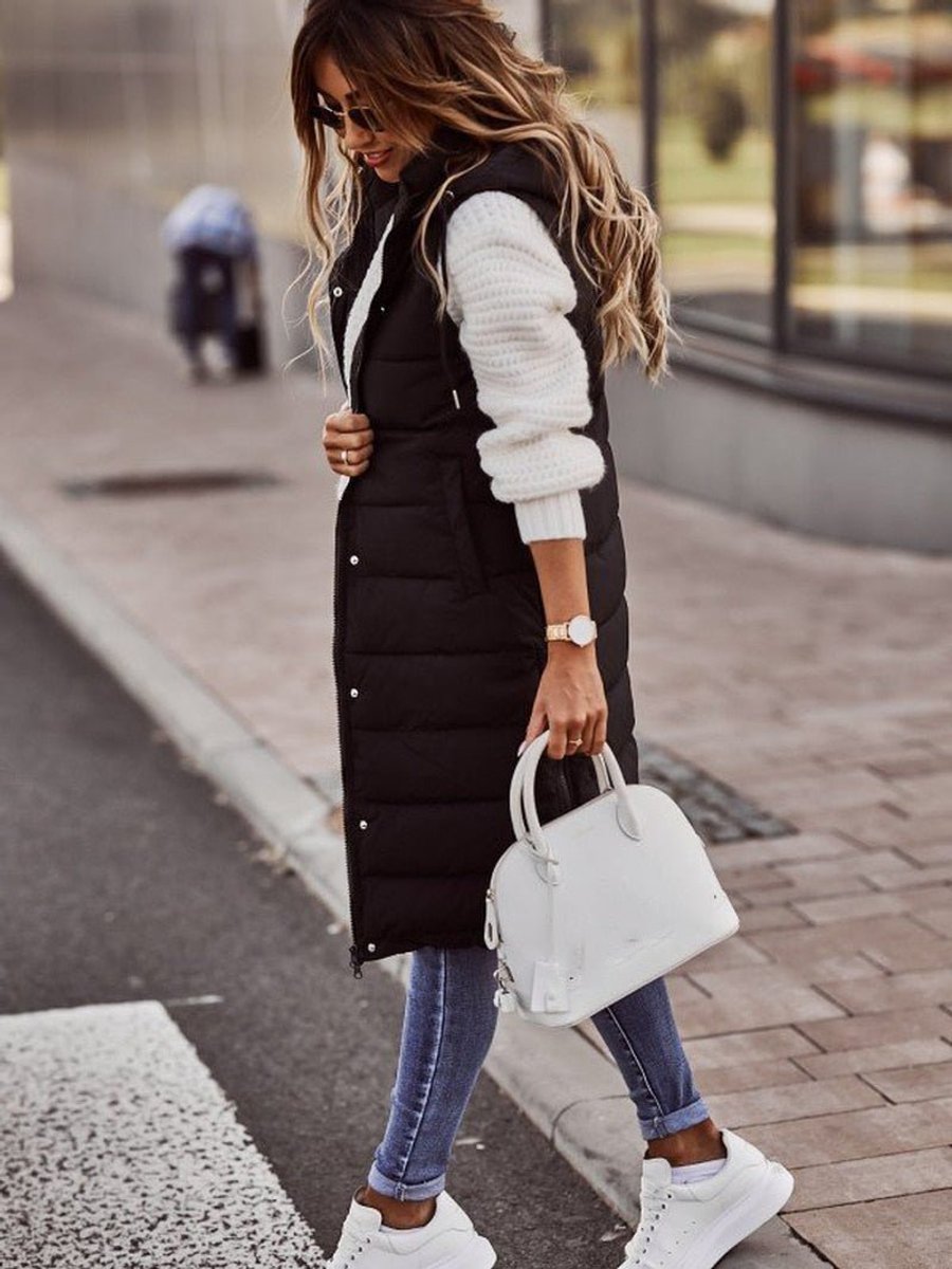 Women's Long Quilted Puffer Vest Hooded Sleeveless Winter Layering