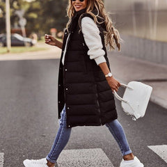 Women's Long Quilted Puffer Vest Hooded Sleeveless Winter Layering