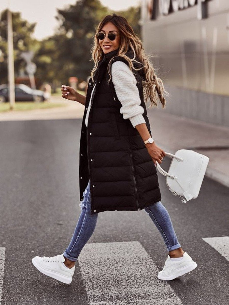 Women's Long Quilted Puffer Vest Hooded Sleeveless Winter Layering