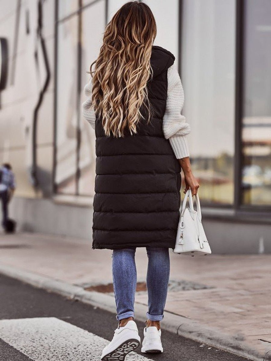 Women's Long Quilted Puffer Vest Hooded Sleeveless Winter Layering