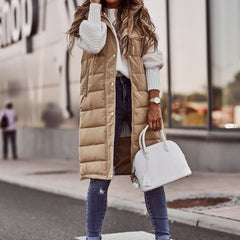 Women's Long Quilted Puffer Vest Hooded Sleeveless Winter Layering