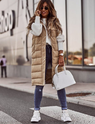Women's Long Quilted Puffer Vest Hooded Sleeveless Winter Layering