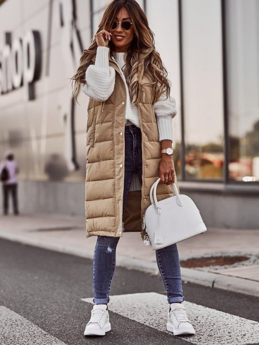 Women's Long Quilted Puffer Vest Hooded Sleeveless Winter Layering