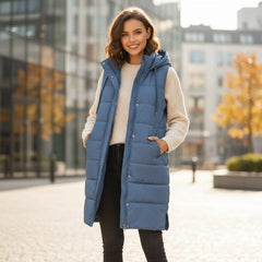 Women's Long Quilted Puffer Vest Hooded Sleeveless Winter Layering