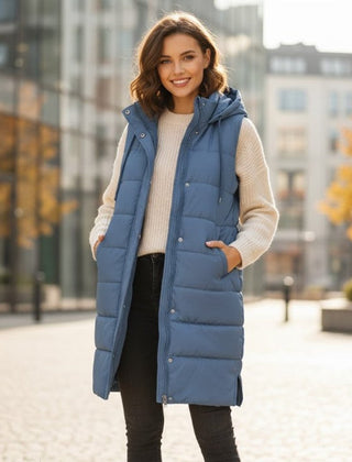 Women's Long Quilted Puffer Vest Hooded Sleeveless Winter Layering