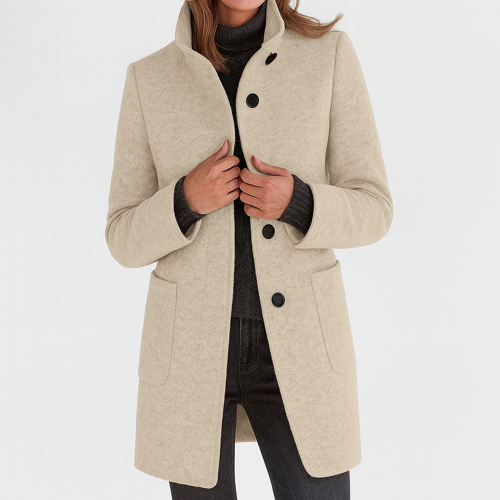 Women's Classic Long Wool Coat Tailored Fit Double-Breasted Notched Lapel Timeless Elegant Outerwear