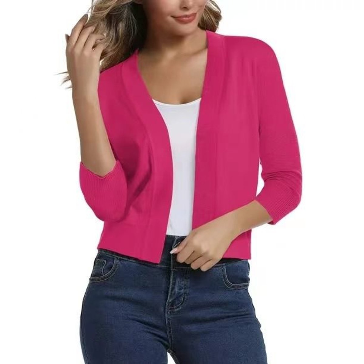 Women's Cropped Cardigan Open-Front 3/4 Sleeve Stylish Layering Casual