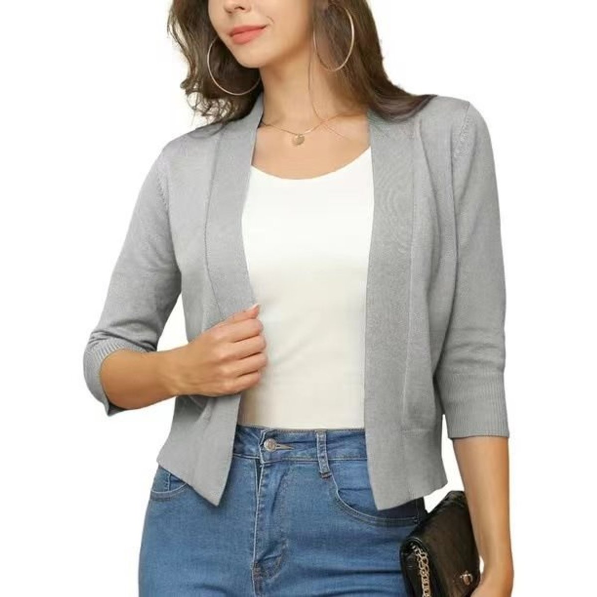 Women's Cropped Cardigan Open-Front 3/4 Sleeve Stylish Layering Casual