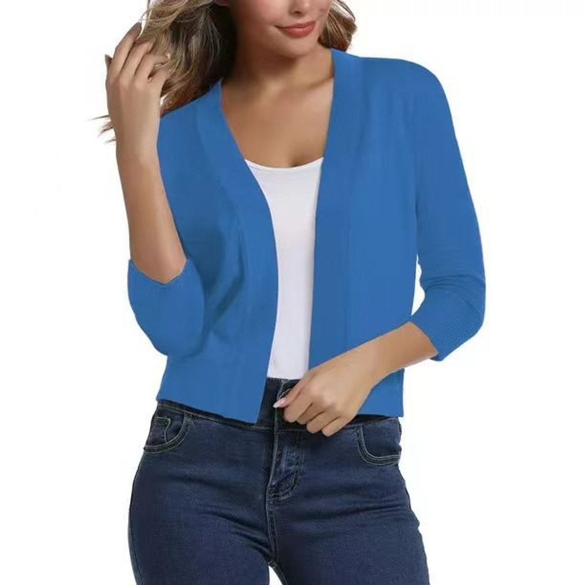 Women's Cropped Cardigan Open-Front 3/4 Sleeve Stylish Layering Casual