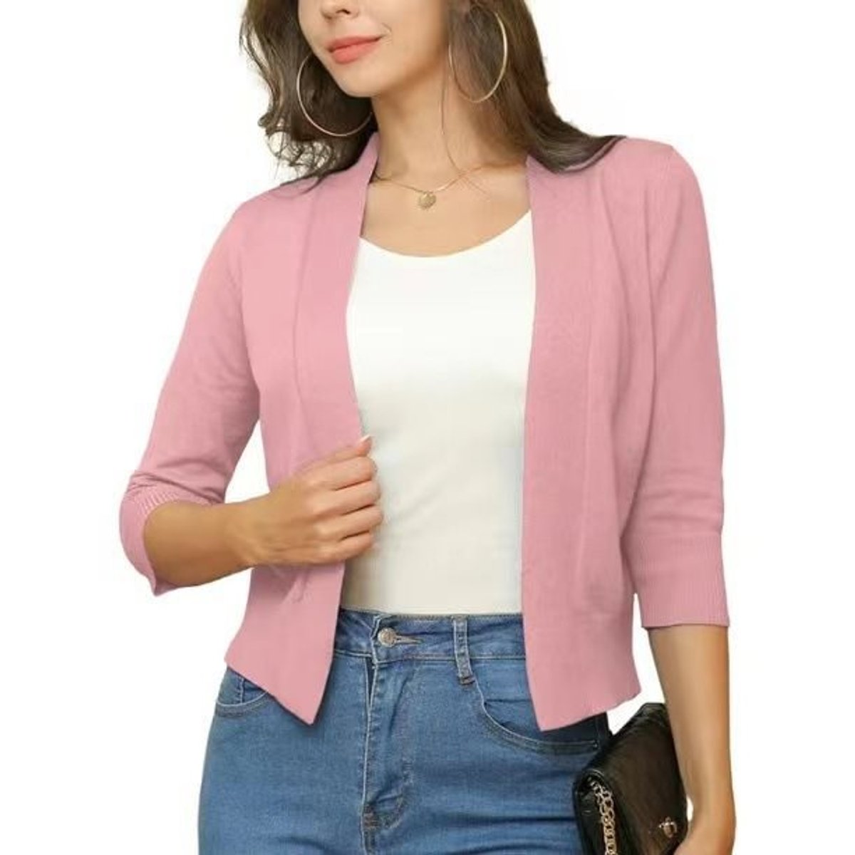 Women's Cropped Cardigan Open-Front 3/4 Sleeve Stylish Layering Casual