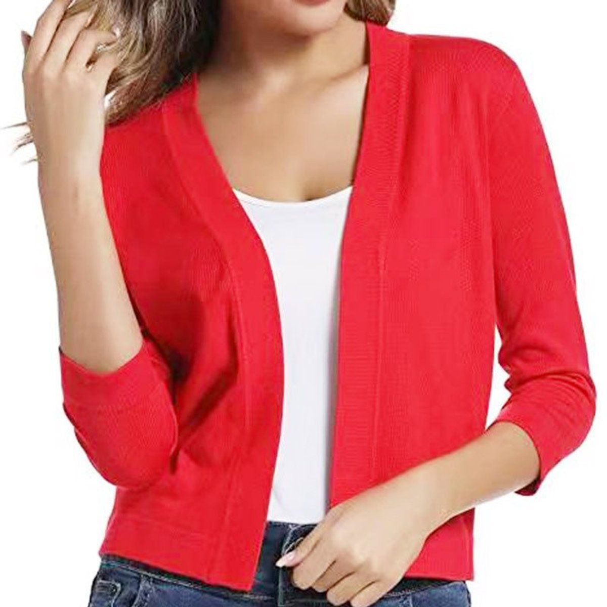 Women's Cropped Cardigan Open-Front 3/4 Sleeve Stylish Layering Casual