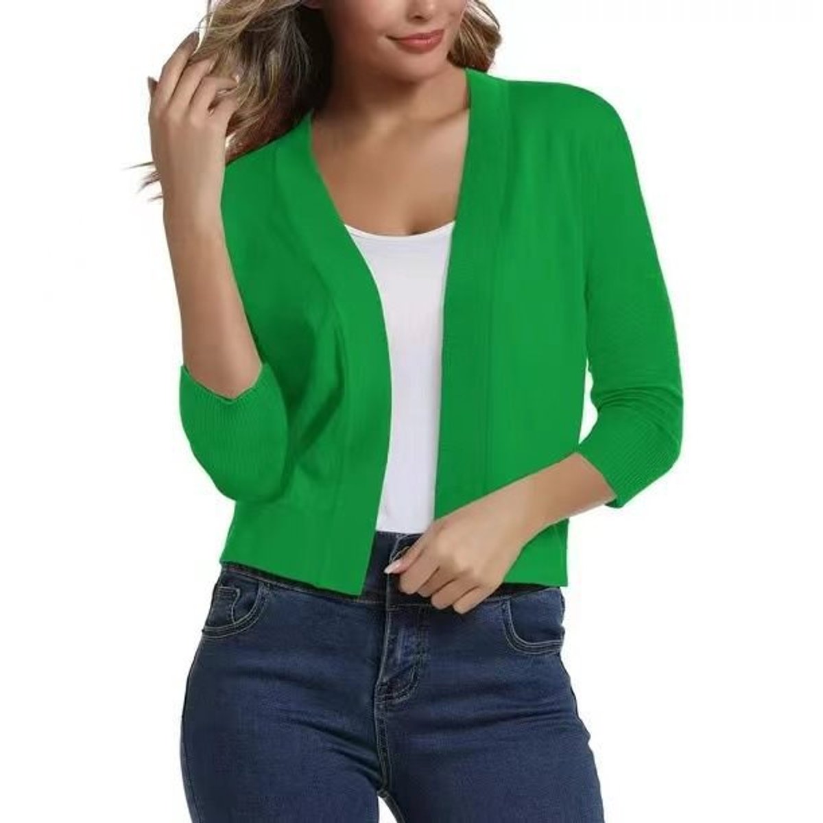 Women's Cropped Cardigan Open-Front 3/4 Sleeve Stylish Layering Casual