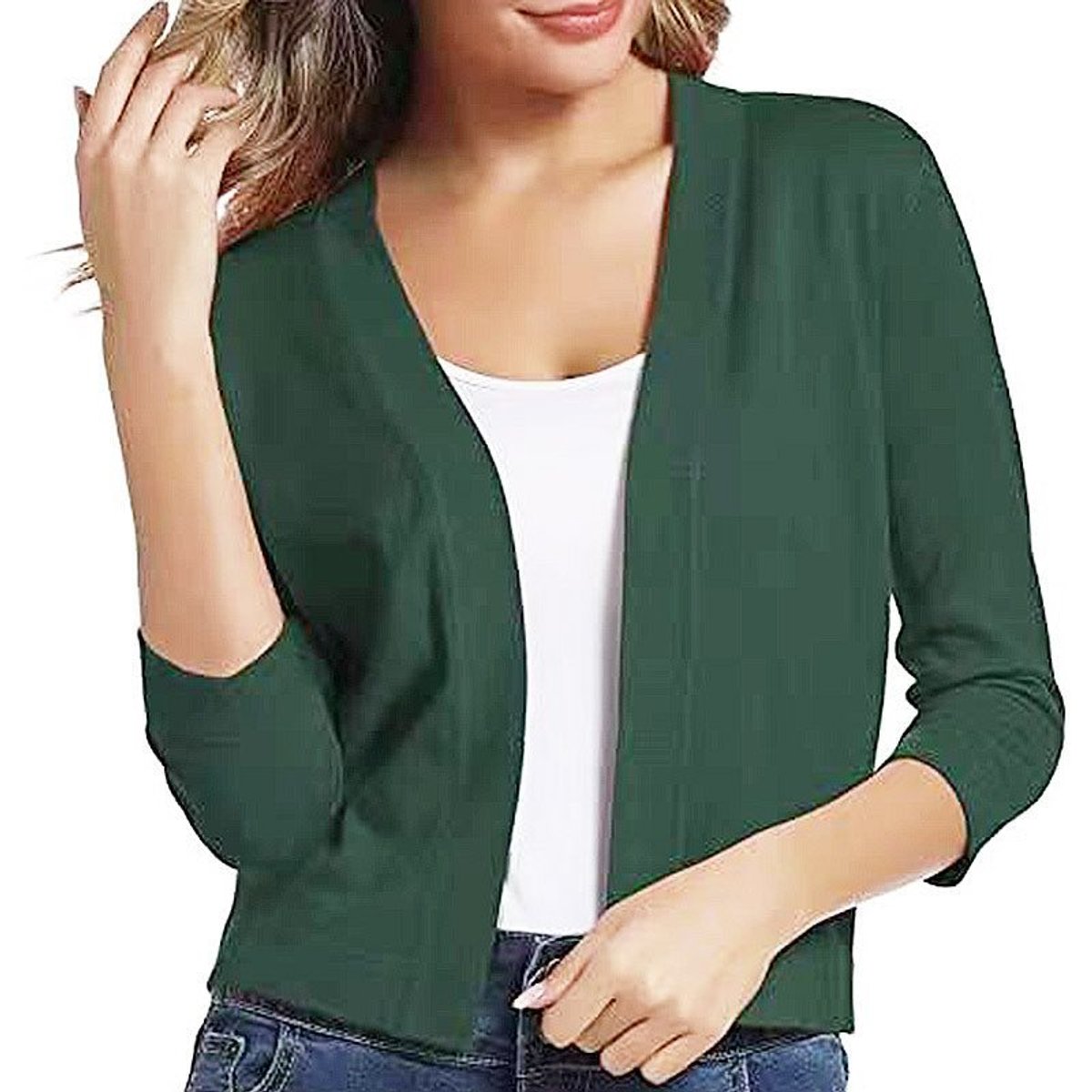 Women's Cropped Cardigan Open-Front 3/4 Sleeve Stylish Layering Casual