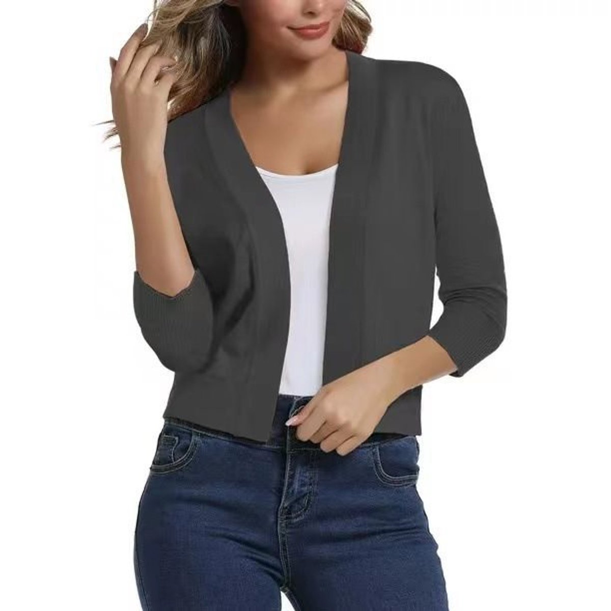 Women's Cropped Cardigan Open-Front 3/4 Sleeve Stylish Layering Casual