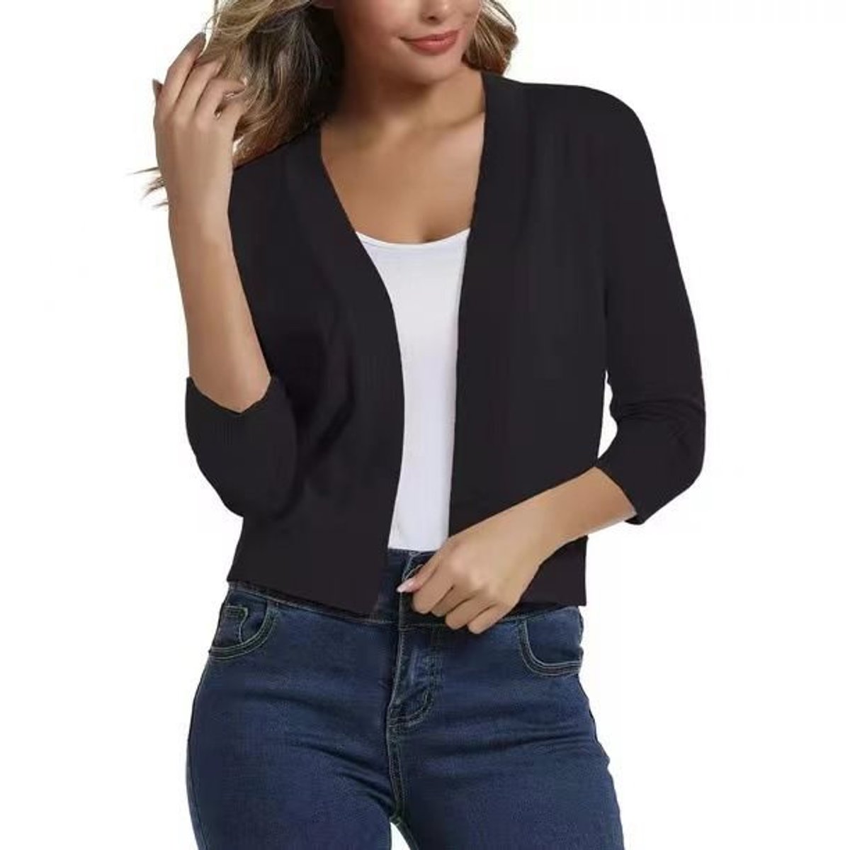 Women's Cropped Cardigan Open-Front 3/4 Sleeve Stylish Layering Casual