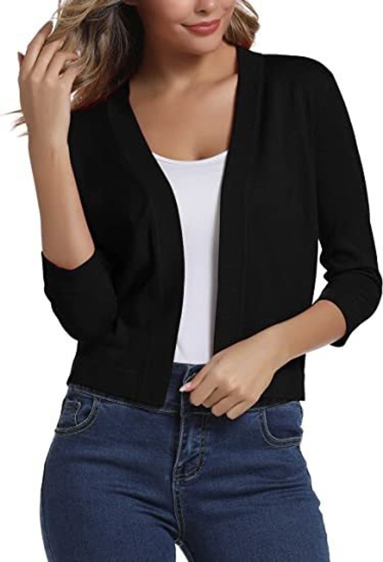 Women's Cropped Cardigan Open-Front 3/4 Sleeve Stylish Layering Casual