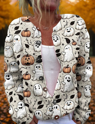 Women's Open-Front Knit Cardigan Ghost Pumpkin Print Fall Casual Layering