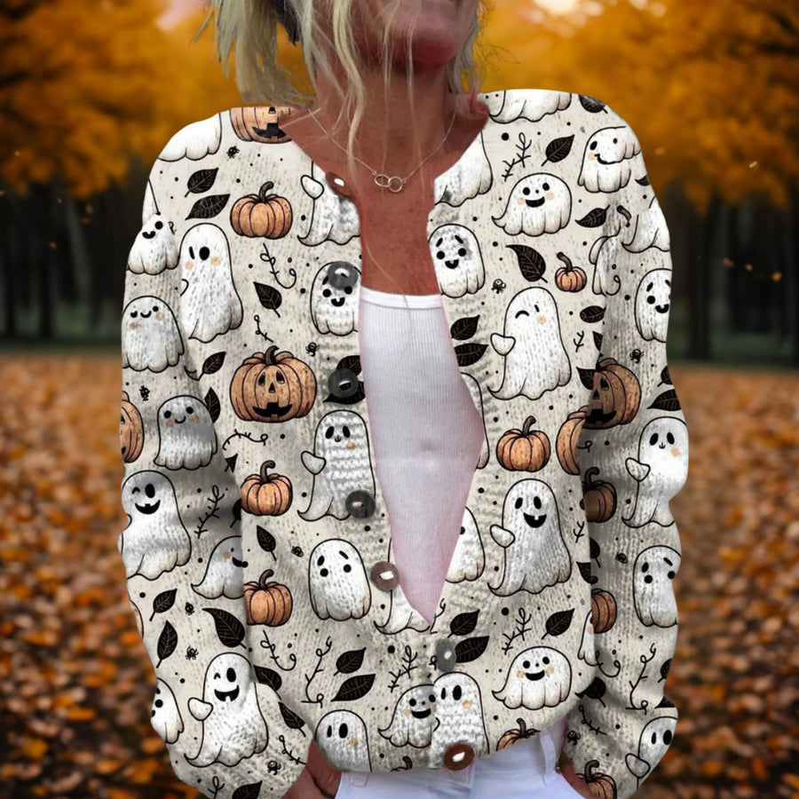 Women's Open-Front Knit Cardigan Ghost Pumpkin Print Fall Casual Layering