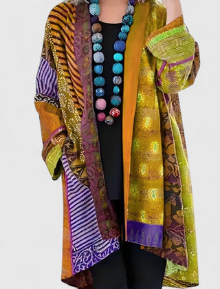 Women's Long Cardigan Open-Front Patchwork Print Layering Casual Everyday