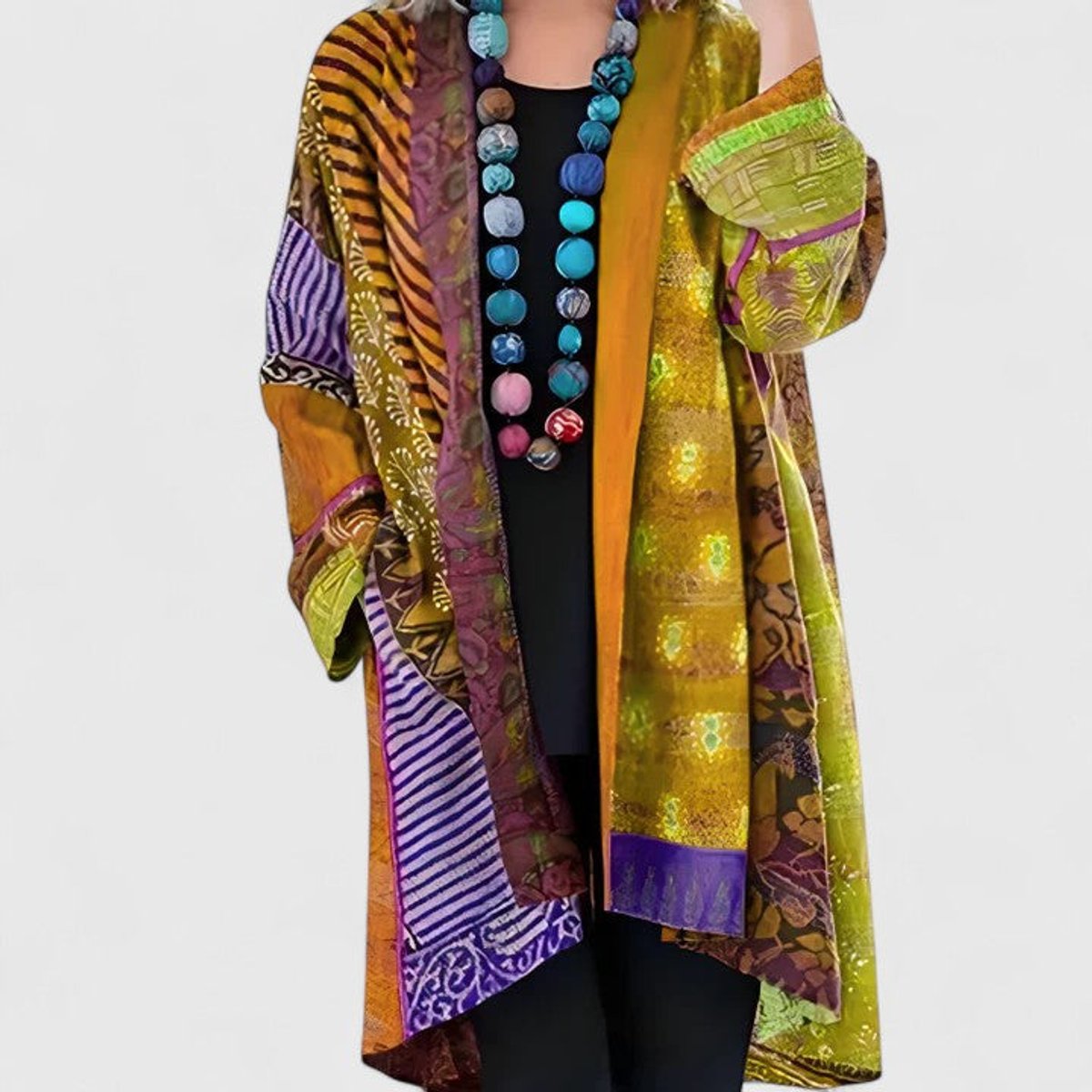 Women's Long Cardigan Open-Front Patchwork Print Layering Casual Everyday