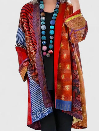 Women's Long Cardigan Open-Front Patchwork Print Layering Casual Everyday