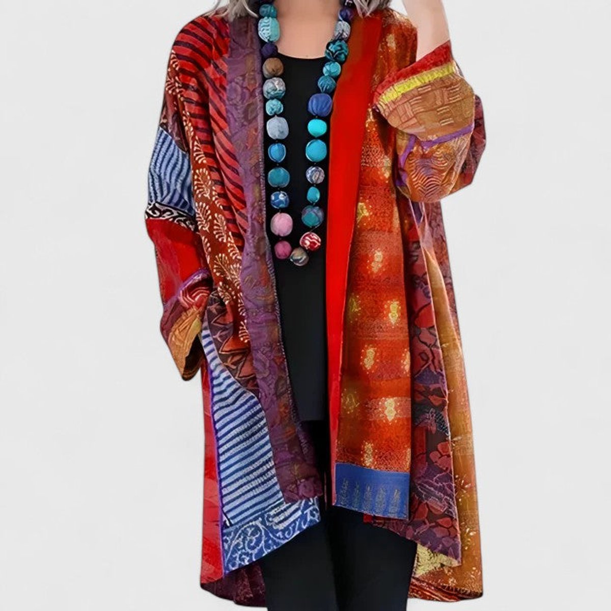 Women's Long Cardigan Open-Front Patchwork Print Layering Casual Everyday