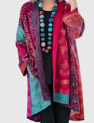 Women's Long Cardigan Open-Front Patchwork Print Layering Casual Everyday
