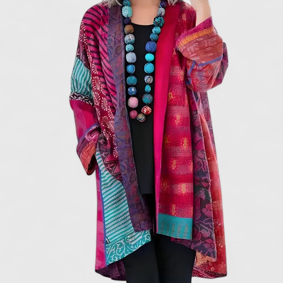 Women's Long Cardigan Open-Front Patchwork Print Layering Casual Everyday