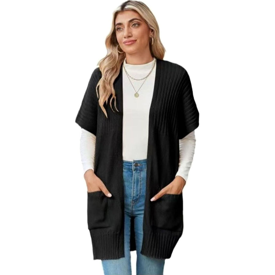 Women's Open-Front Cardigan Sweater Short-Sleeve Pockets Casual Layering