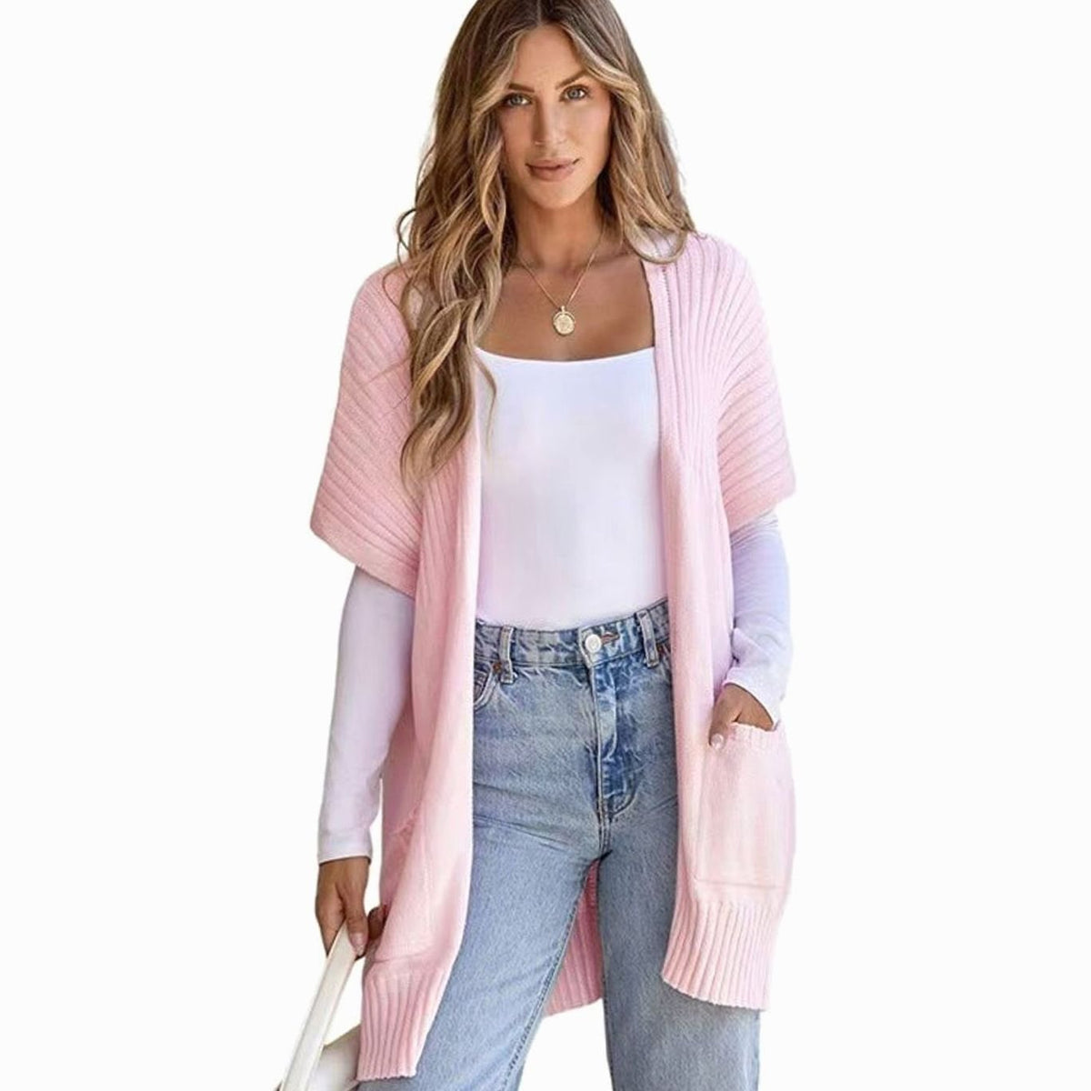 Women's Open-Front Cardigan Sweater Short-Sleeve Pockets Casual Layering
