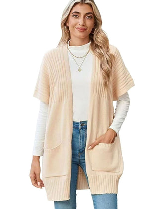 Women's Open-Front Cardigan Sweater Short-Sleeve Pockets Casual Layering