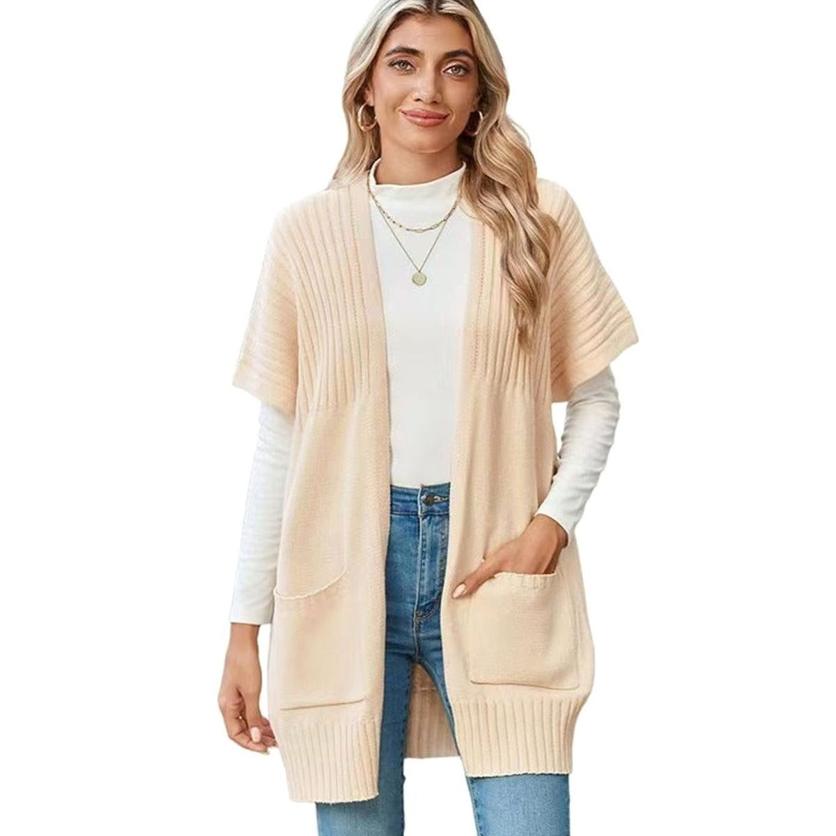 Women's Open-Front Cardigan Sweater Short-Sleeve Pockets Casual Layering