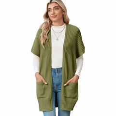 Women's Open-Front Cardigan Sweater Short-Sleeve Pockets Casual Layering