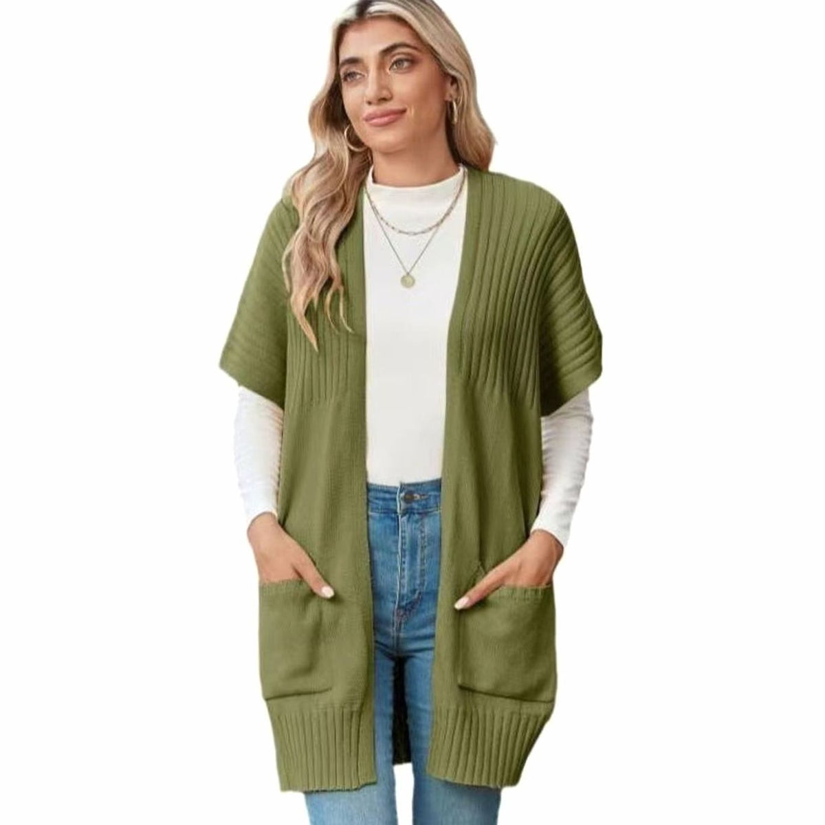 Women's Open-Front Cardigan Sweater Short-Sleeve Pockets Casual Layering