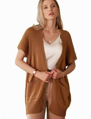 Women's Open-Front Cardigan Sweater Short-Sleeve Pockets Casual Layering