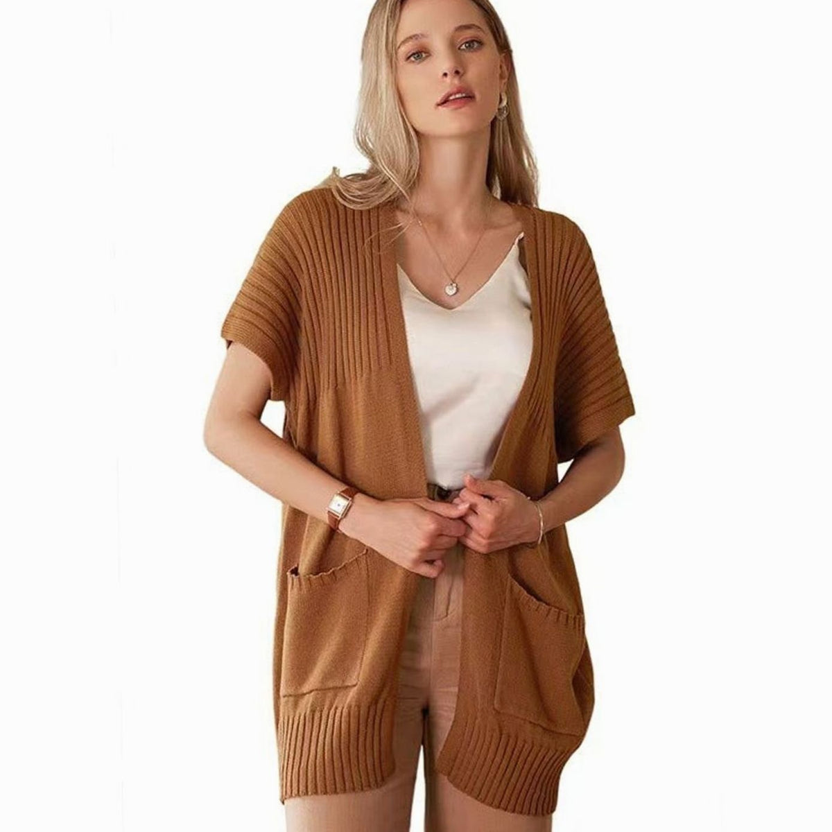 Women's Open-Front Cardigan Sweater Short-Sleeve Pockets Casual Layering