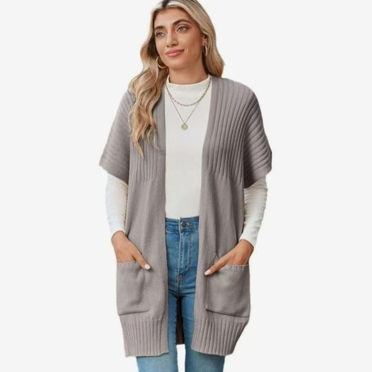 Women's Open-Front Cardigan Sweater Short-Sleeve Pockets Casual Layering