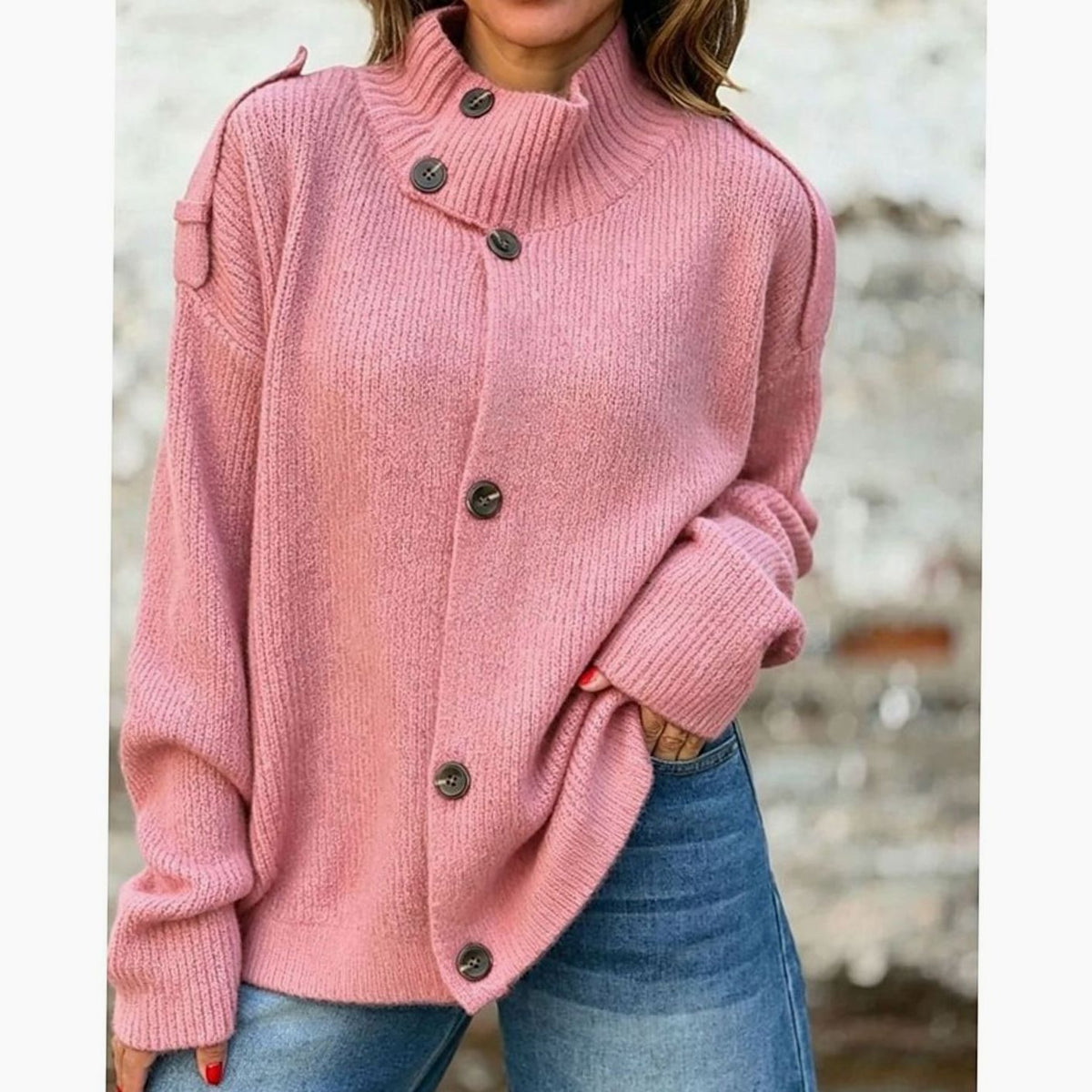 Women's Oversized Knit Cardigan Button-Front Stand-Collar Casual Layering