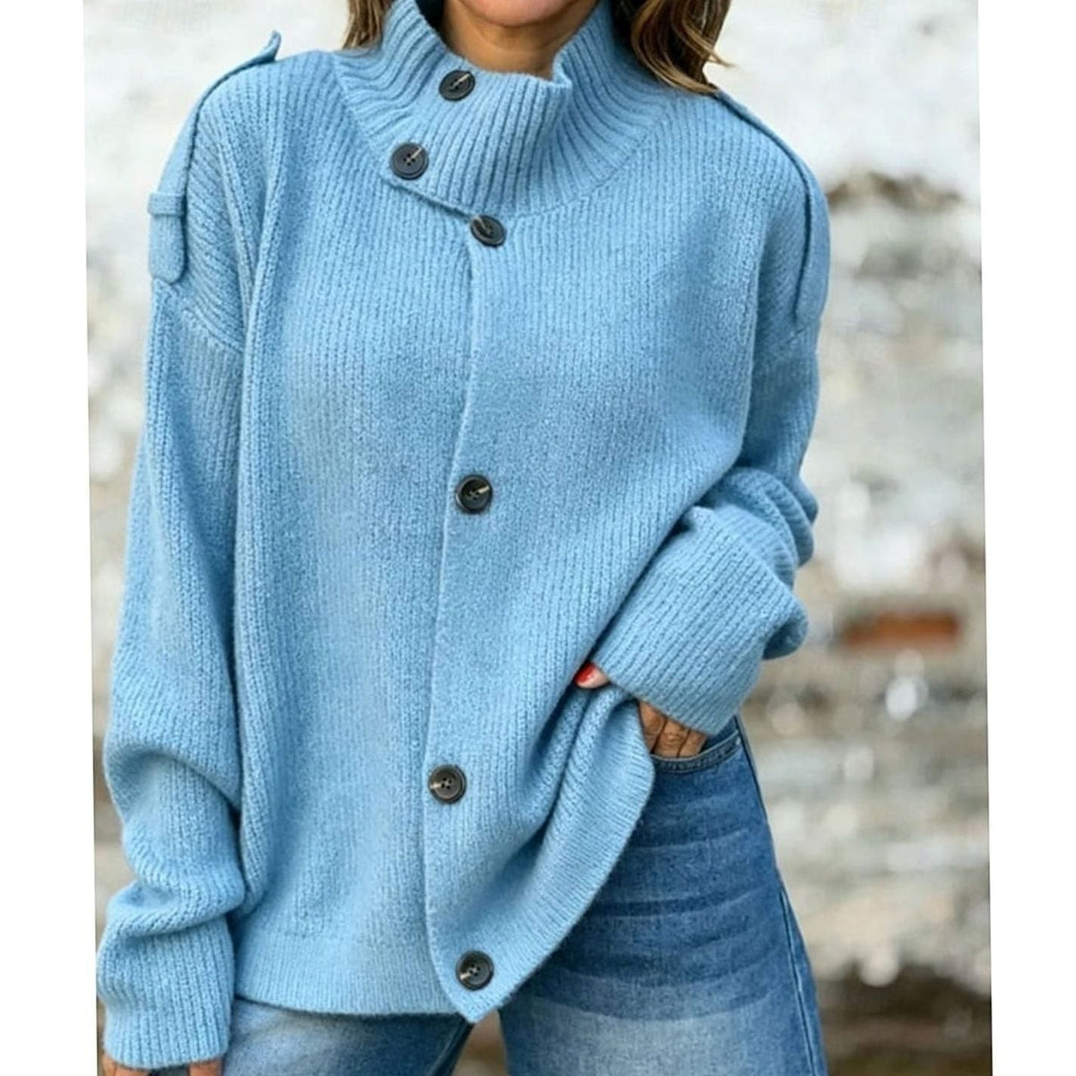 Women's Oversized Knit Cardigan Button-Front Stand-Collar Casual Layering