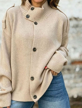 Women's Oversized Knit Cardigan Button-Front Stand-Collar Casual Layering