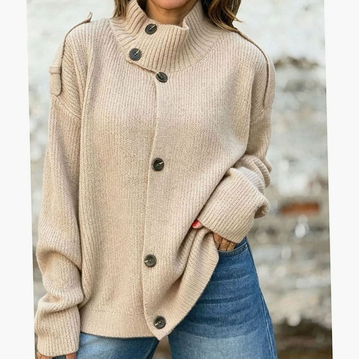 Women's Oversized Knit Cardigan Button-Front Stand-Collar Casual Layering