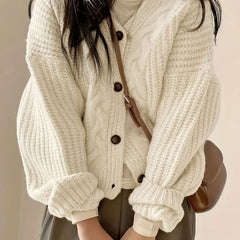 Women's Oversized Cable-Knit Cardigan Button-Front Cozy Layering Casual