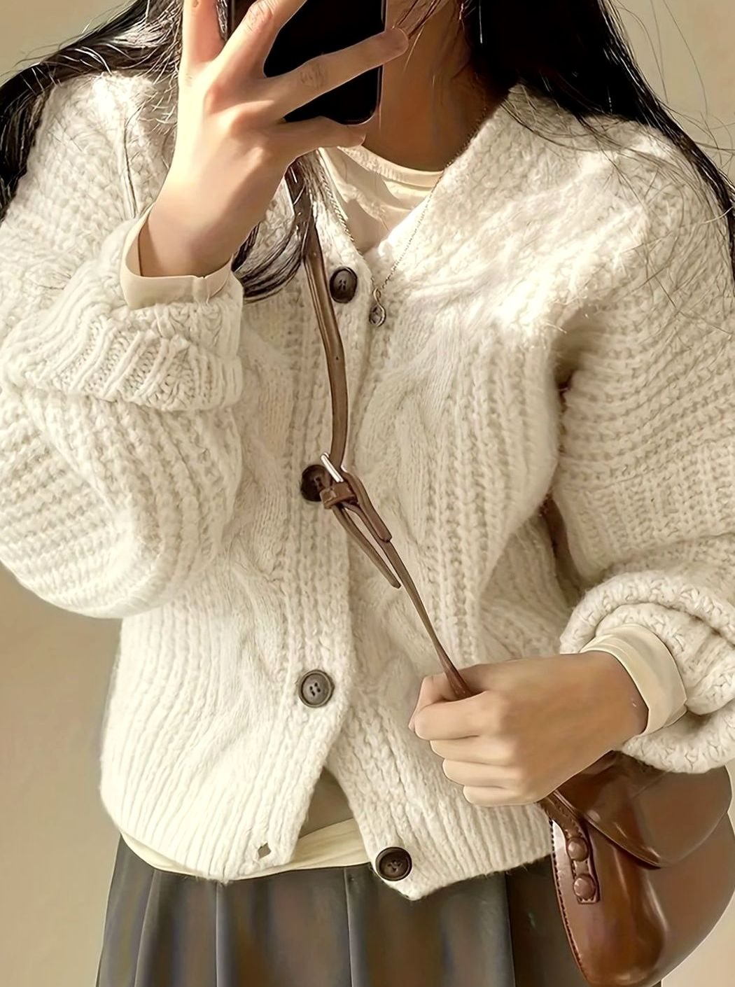 Women's Oversized Cable-Knit Cardigan Button-Front Cozy Layering Casual